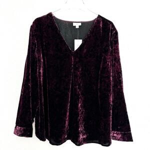 J. Jill Velvet Paisley Print‎ Top Women 2X Purple V-Neck Long Sleeve Boho New